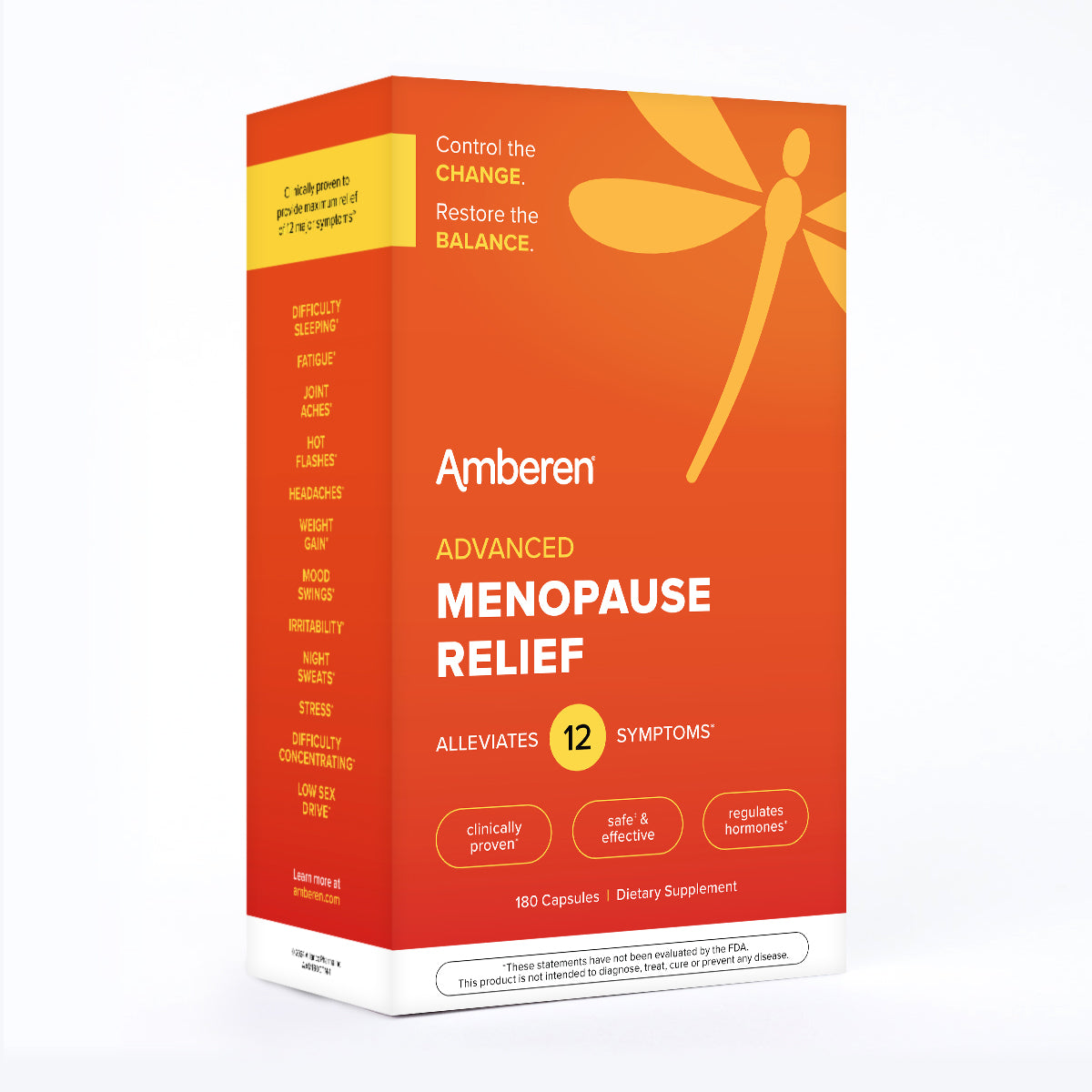 Box of Amberen Advanced Menopause Relief capsules for alleviating 12 symptoms.